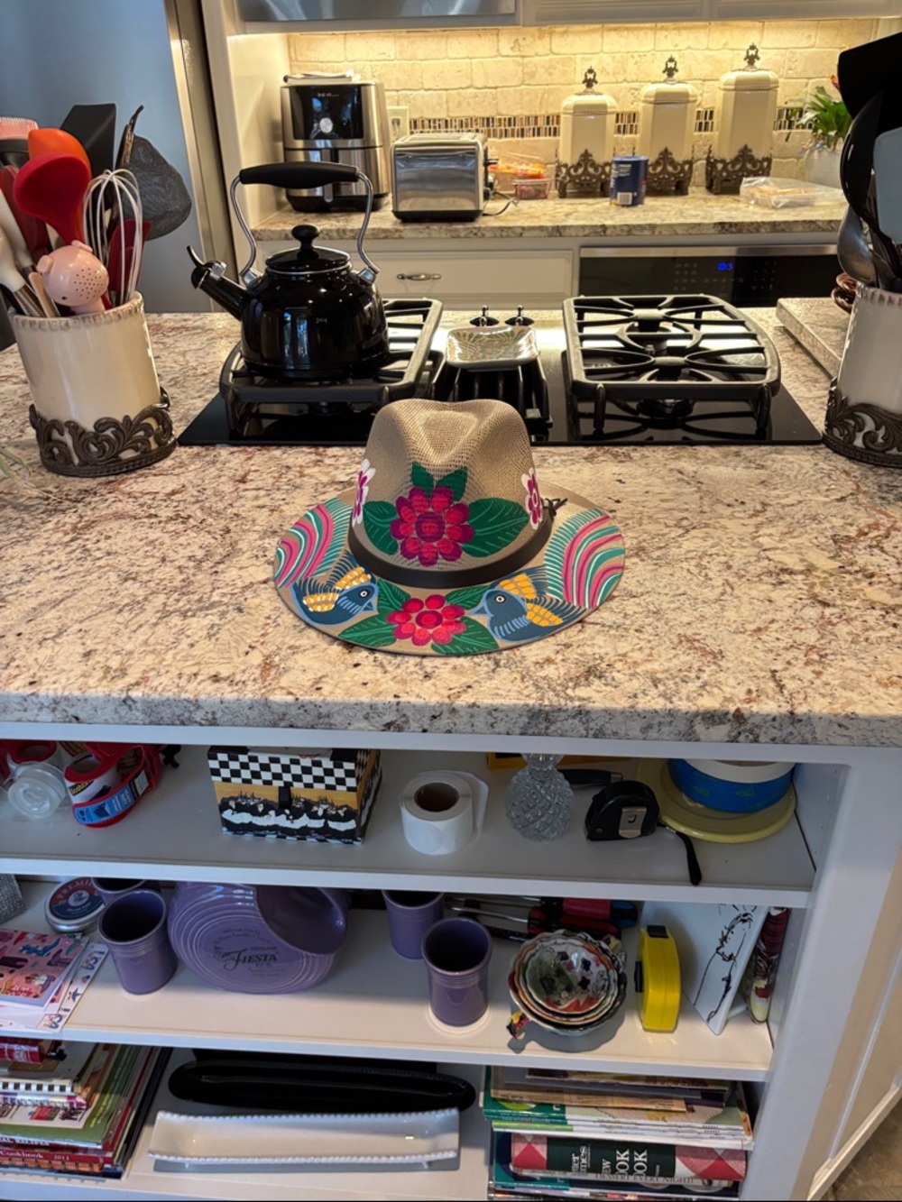Hand Painted Straw Fedora with Colorful Floral & Bird Design
